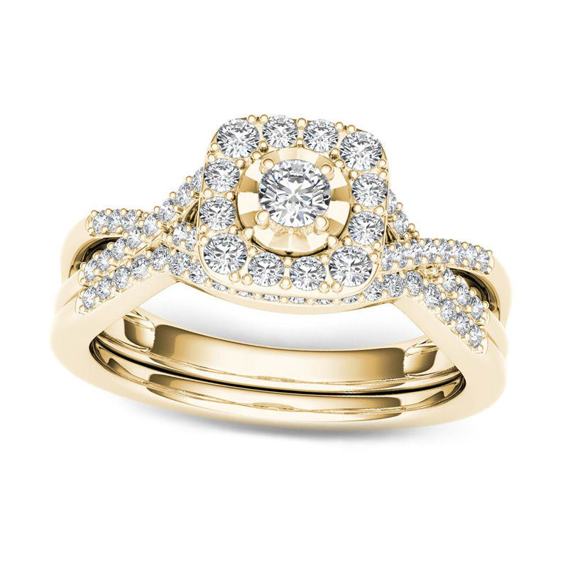 0.38 CT. T.W. Natural Diamond Cushion Frame Twist Bridal Engagement Ring Set in Solid 14K Gold