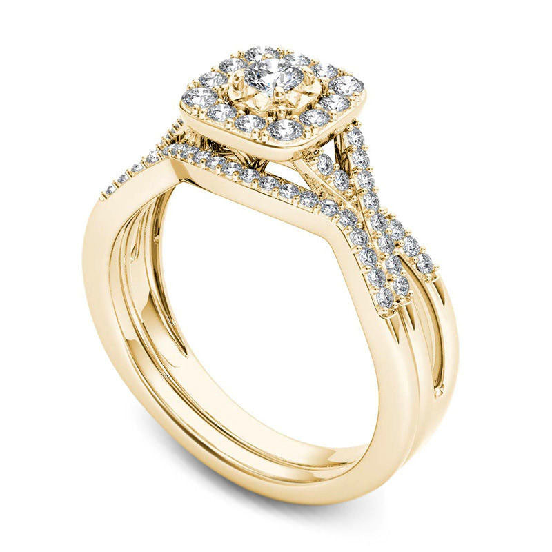 0.38 CT. T.W. Natural Diamond Cushion Frame Twist Bridal Engagement Ring Set in Solid 14K Gold