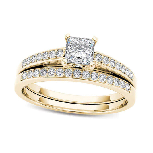 0.63 CT. T.W. Princess-Cut Natural Diamond Bridal Engagement Ring Set in Solid 14K Gold
