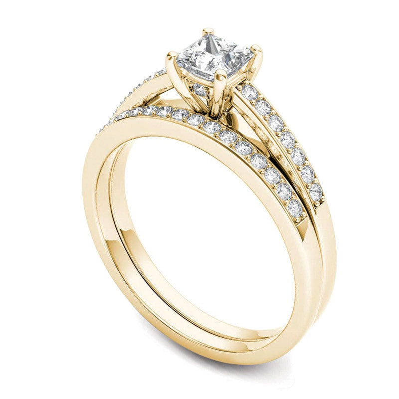 0.63 CT. T.W. Princess-Cut Natural Diamond Bridal Engagement Ring Set in Solid 14K Gold