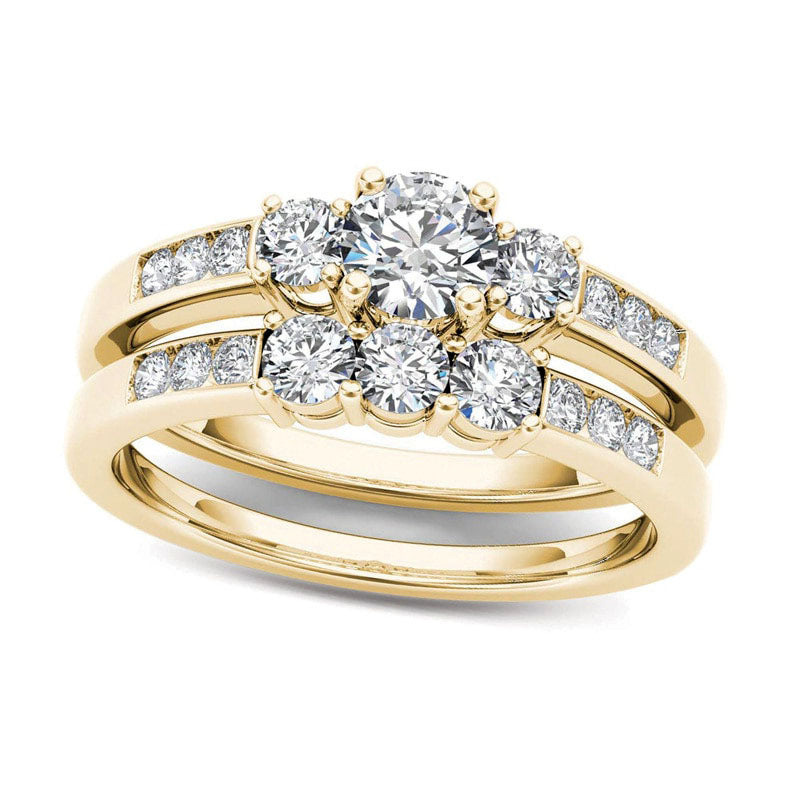 1.0 CT. T.W. Natural Diamond Three Stone Bridal Engagement Ring Set in Solid 14K Gold