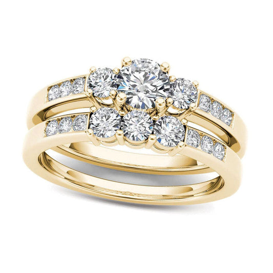 1.0 CT. T.W. Natural Diamond Three Stone Bridal Engagement Ring Set in Solid 14K Gold