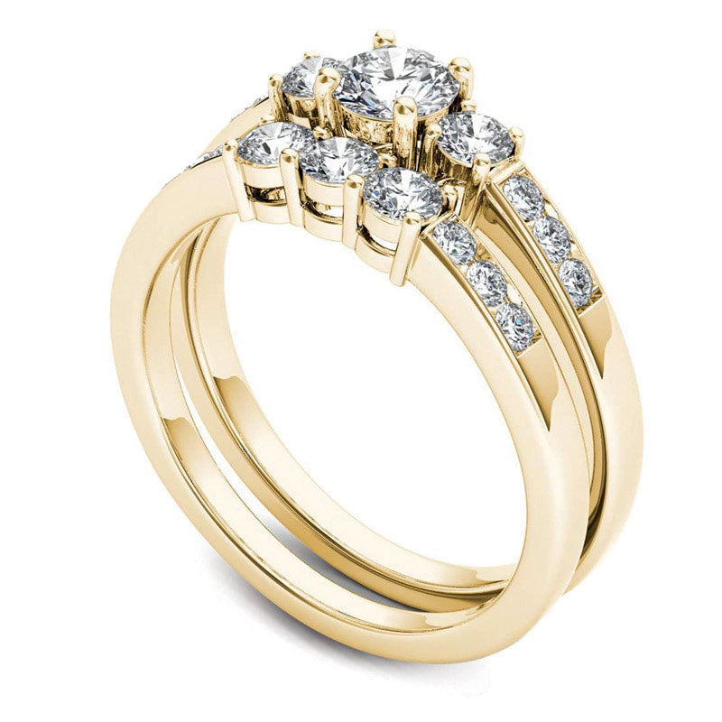 1.0 CT. T.W. Natural Diamond Three Stone Bridal Engagement Ring Set in Solid 14K Gold