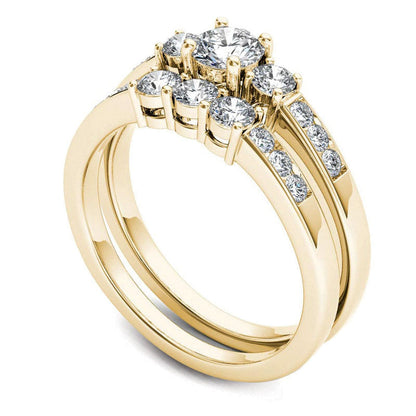 1.0 CT. T.W. Natural Diamond Three Stone Bridal Engagement Ring Set in Solid 14K Gold