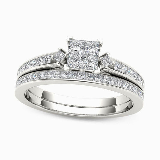 0.75 CT. T.W. Quad Princess-Cut Natural Diamond Bridal Engagement Ring Set in Solid 14K White Gold