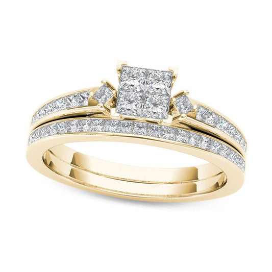 0.75 CT. T.W. Quad Princess-Cut Natural Diamond Bridal Engagement Ring Set in Solid 14K Gold