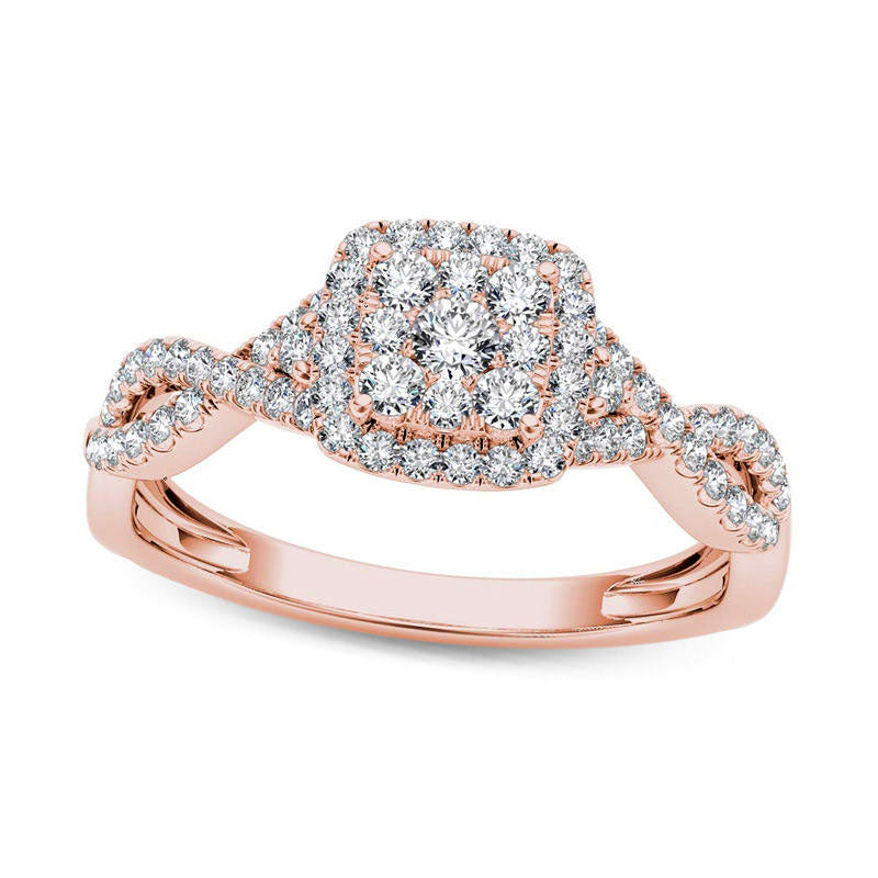 0.50 CT. T.W. Natural Diamond Cushion Frame Twist Shank Engagement Ring in Solid 14K Rose Gold