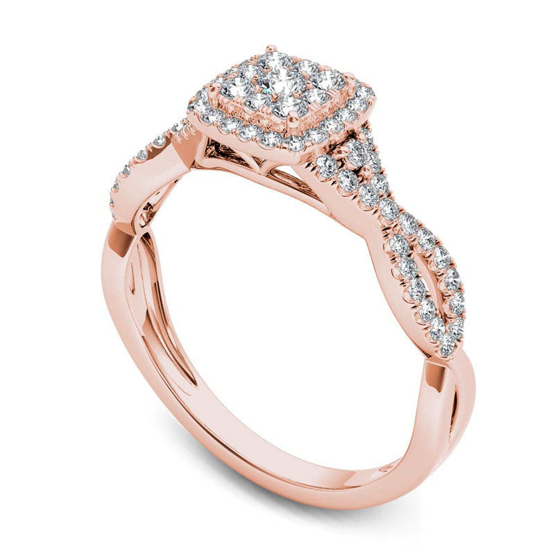 0.50 CT. T.W. Natural Diamond Cushion Frame Twist Shank Engagement Ring in Solid 14K Rose Gold