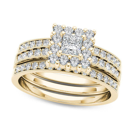 0.88 CT. T.W. Princess-Cut Natural Diamond Frame Three Piece Bridal Engagement Ring Set in Solid 14K Gold