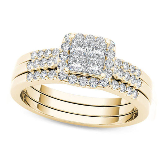 0.75 CT. T.W. Quad Princess-Cut Natural Diamond Frame Three Piece Bridal Engagement Ring Set in Solid 14K Gold