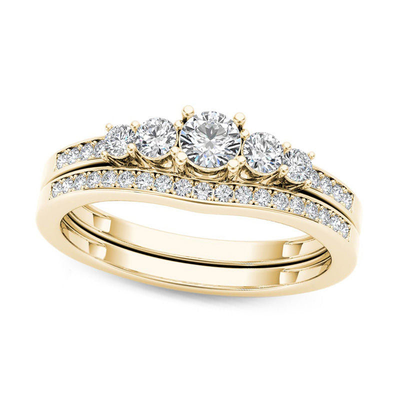 0.50 CT. T.W. Natural Diamond Five Stone Bridal Engagement Ring Set in Solid 14K Gold