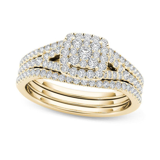 0.75 CT. T.W. Composite Natural Diamond Cushion Frame Three Piece Bridal Engagement Ring Set in Solid 14K Gold
