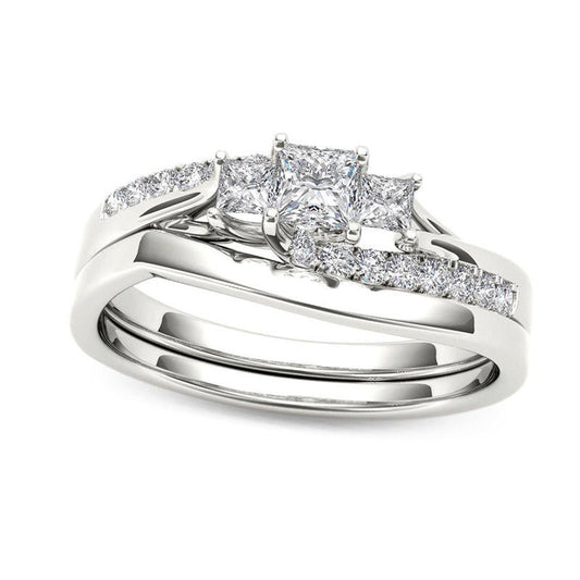 0.50 CT. T.W. Princess-Cut Natural Diamond Three Stone Bypass Bridal Engagement Ring Set in Solid 14K White Gold