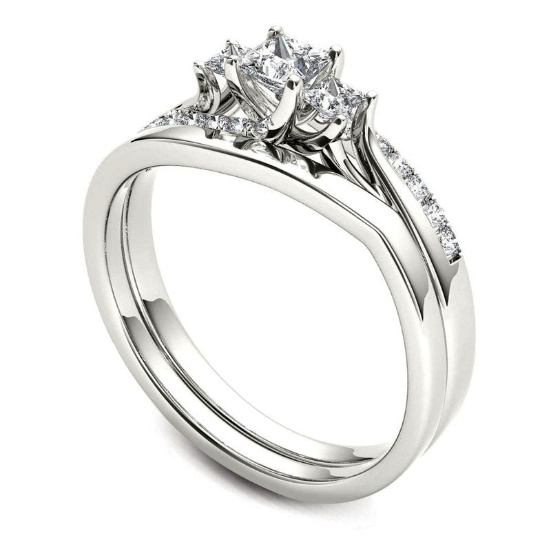 0.50 CT. T.W. Princess-Cut Natural Diamond Three Stone Bypass Bridal Engagement Ring Set in Solid 14K White Gold