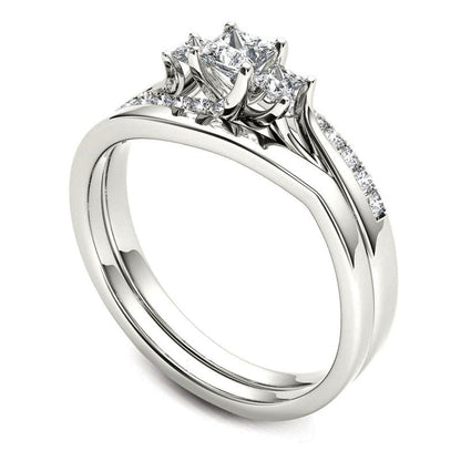 0.50 CT. T.W. Princess-Cut Natural Diamond Three Stone Bypass Bridal Engagement Ring Set in Solid 14K White Gold