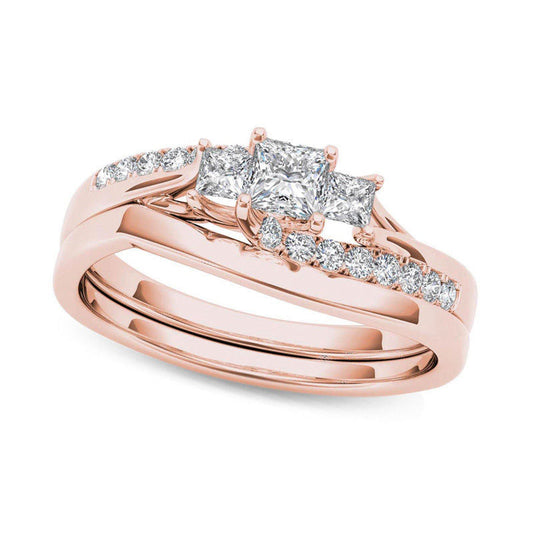 0.50 CT. T.W. Princess-Cut Natural Diamond Three Stone Bypass Bridal Engagement Ring Set in Solid 14K Rose Gold