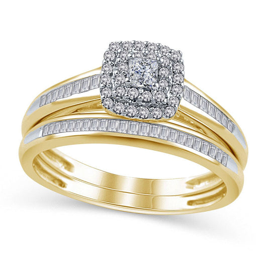 0.50 CT. T.W. Princess-Cut Natural Diamond Double Frame Bridal Engagement Ring Set in Solid 10K Yellow Gold