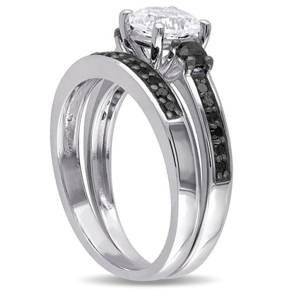 Lab-Created White Sapphire and 0.38 CT. T.W. Enhanced Black Diamond Three Stone Bridal Engagement Ring Set in Sterling Silver