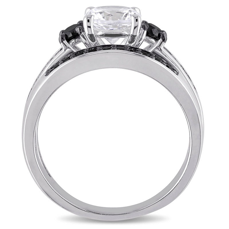 Lab-Created White Sapphire and 0.38 CT. T.W. Enhanced Black Diamond Three Stone Bridal Engagement Ring Set in Sterling Silver