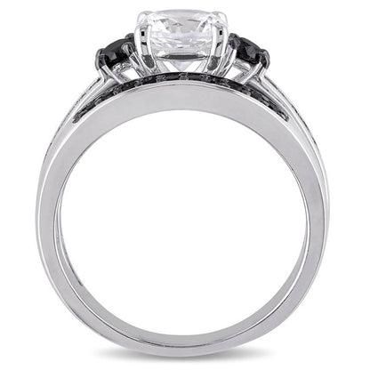 Lab-Created White Sapphire and 0.38 CT. T.W. Enhanced Black Diamond Three Stone Bridal Engagement Ring Set in Sterling Silver