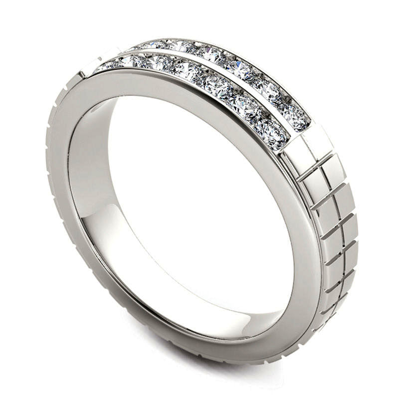 Men's 0.75 CT. T.W. Natural Diamond Two Row Etched Wedding Band in Solid 14K White Gold