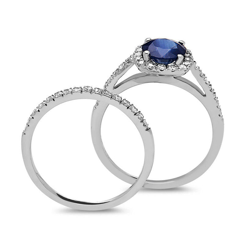 6.0mm Blue Sapphire and 0.38 CT. T.W. Natural Diamond Cushion Frame Bridal Engagement Ring Set in Solid 14K White Gold