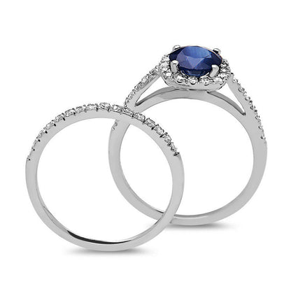 6.0mm Blue Sapphire and 0.38 CT. T.W. Natural Diamond Cushion Frame Bridal Engagement Ring Set in Solid 14K White Gold