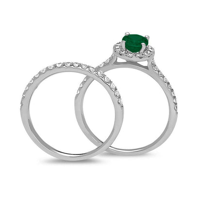 Oval Emerald and 0.63 CT. T.W. Natural Diamond Frame Bridal Engagement Ring Set in Solid 14K White Gold