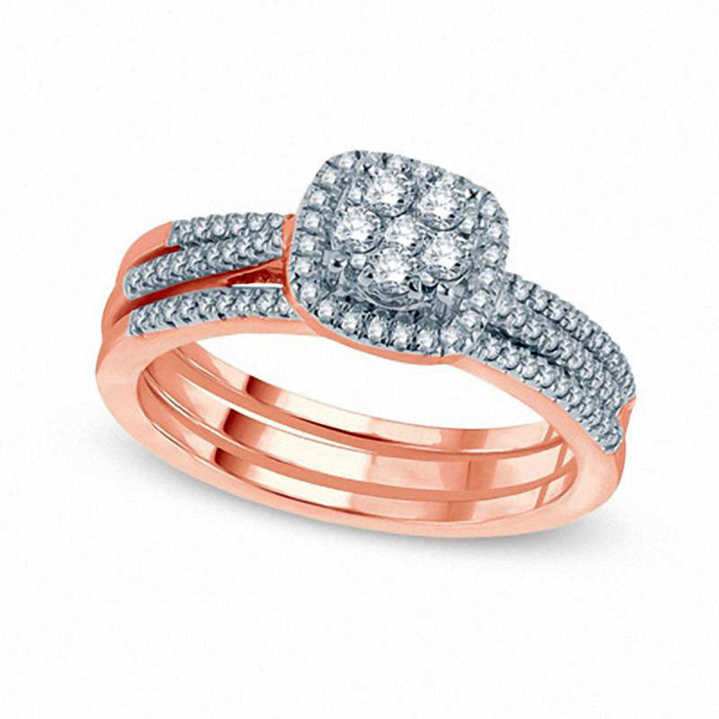 0.50 CT. T.W. Natural Diamond Three Piece Bridal Engagement Ring Set in Solid 10K Rose Gold