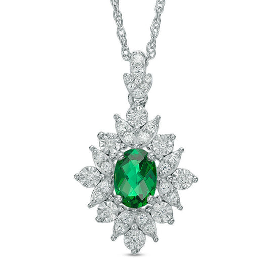 Oval Lab-Created Emerald and White Sapphire Starburst Frame Pendant in Sterling Silver
