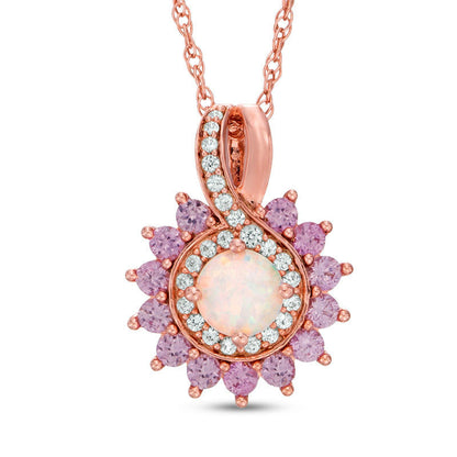 Lab-Created Opal, Pink and White Sapphire Starburst Frame Pendant in Sterling Silver and 14K Rose Gold Plate