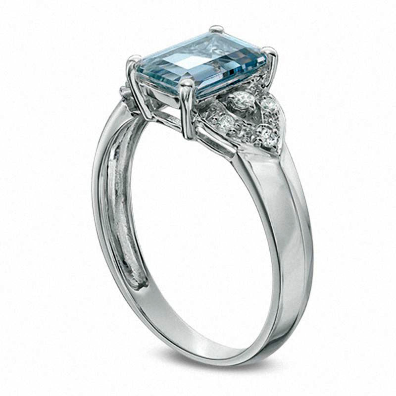 Emerald-Cut Aquamarine and Natural Diamond Accent Petal Ring in Solid 10K White Gold