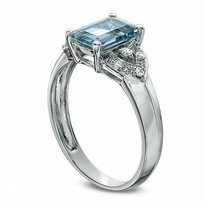 Emerald-Cut Aquamarine and Natural Diamond Accent Petal Ring in Solid 10K White Gold