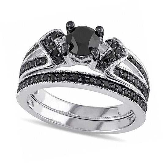 1.13 CT. T.W. Enhanced Black Natural Diamond Collar Split Shank Bridal Engagement Ring Set in Sterling Silver