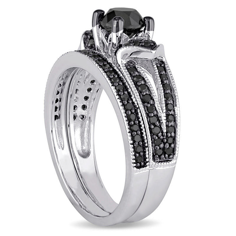 1.13 CT. T.W. Enhanced Black Natural Diamond Collar Split Shank Bridal Engagement Ring Set in Sterling Silver