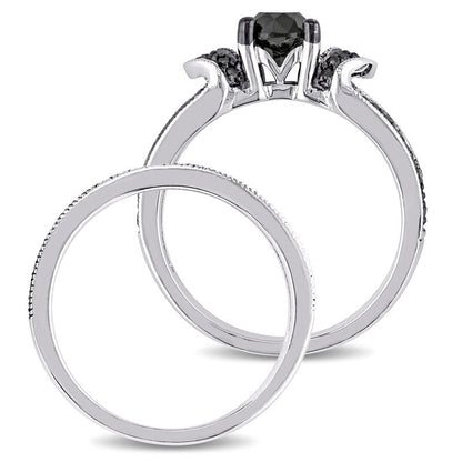 1.13 CT. T.W. Enhanced Black Natural Diamond Collar Split Shank Bridal Engagement Ring Set in Sterling Silver