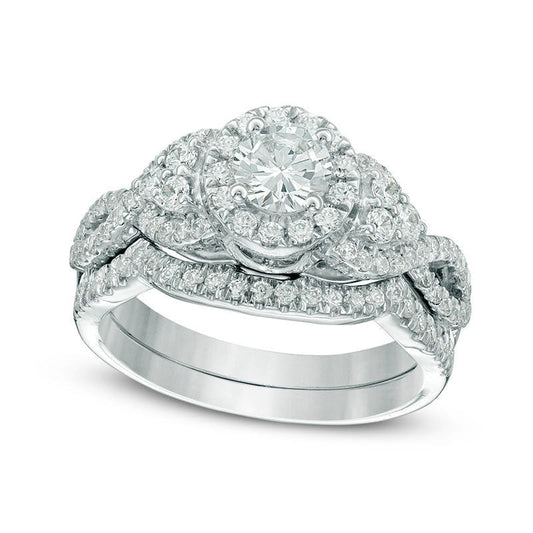 1.33 CT. T.W. Natural Diamond Frame with Tri-Sides Twist Shank Bridal Engagement Ring Set in Solid 10K White Gold