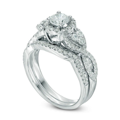 1.33 CT. T.W. Natural Diamond Frame with Tri-Sides Twist Shank Bridal Engagement Ring Set in Solid 10K White Gold