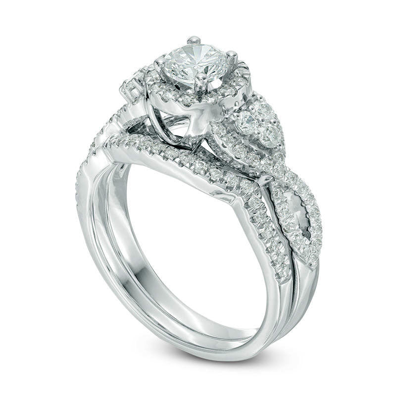 1.33 CT. T.W. Natural Diamond Frame with Tri-Sides Twist Shank Bridal Engagement Ring Set in Solid 10K White Gold