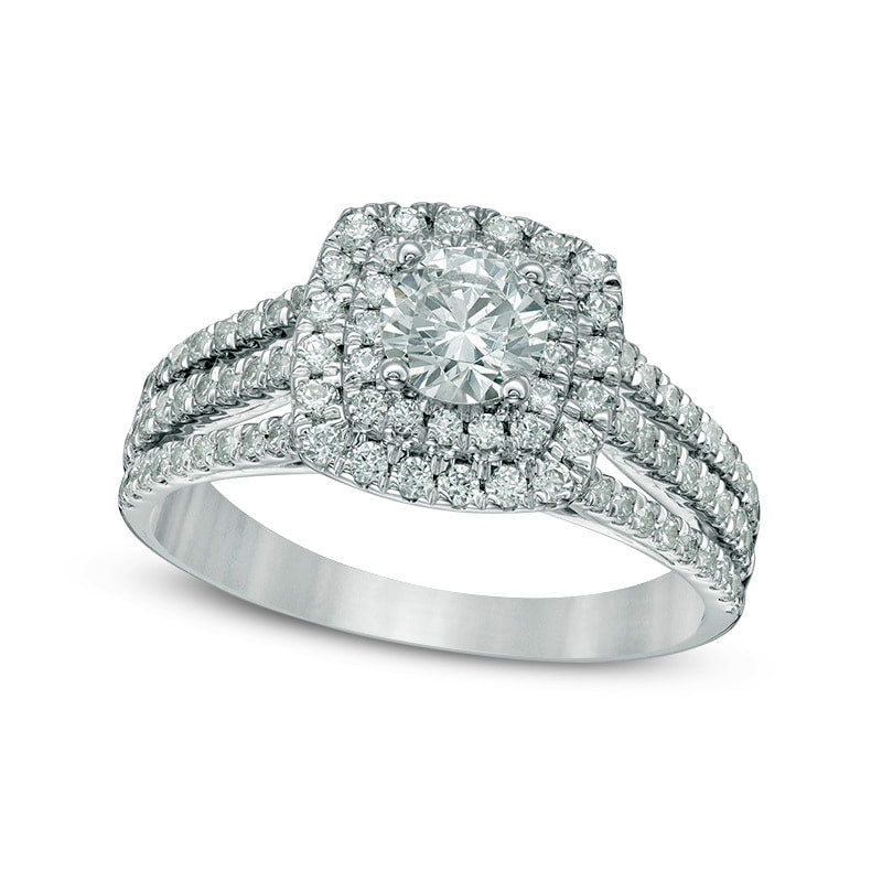 1.25 CT. T.W. Natural Diamond Double Cushion Frame Multi-Row Engagement Ring in Solid 10K White Gold