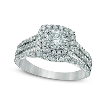 1.25 CT. T.W. Natural Diamond Double Cushion Frame Multi-Row Engagement Ring in Solid 10K White Gold