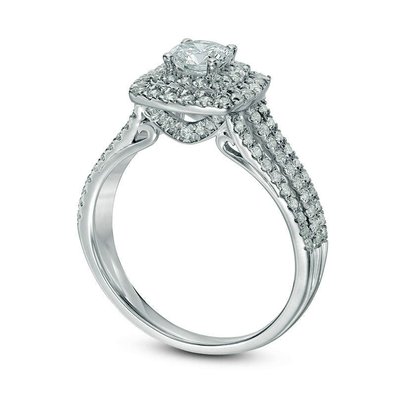 1.25 CT. T.W. Natural Diamond Double Cushion Frame Multi-Row Engagement Ring in Solid 10K White Gold