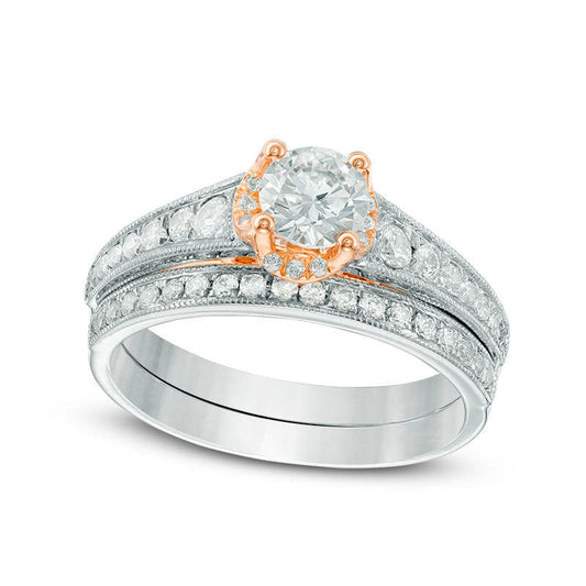 1.0 CT. T.W. Natural Diamond Frame Antique Vintage-Style Bridal Engagement Ring Set in Solid 10K Two-Tone Gold