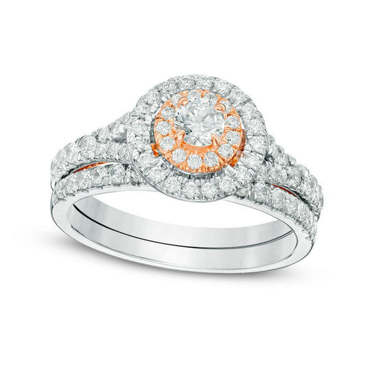 1.0 CT. T.W. Natural Diamond Double Frame Split Shank Bridal Engagement Ring Set in Solid 10K Two-Tone Gold