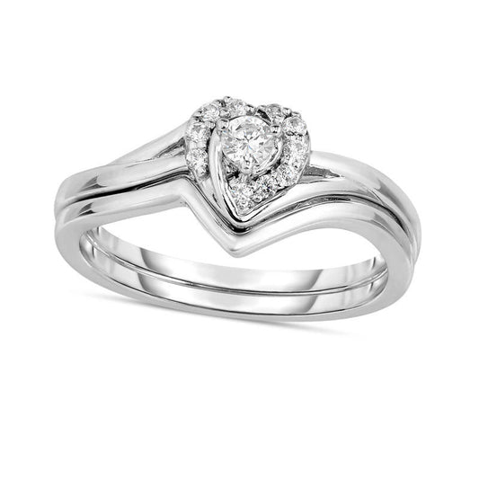 0.20 CT. T.W. Natural Diamond Heart Frame Bridal Engagement Ring Set in Solid 14K White Gold