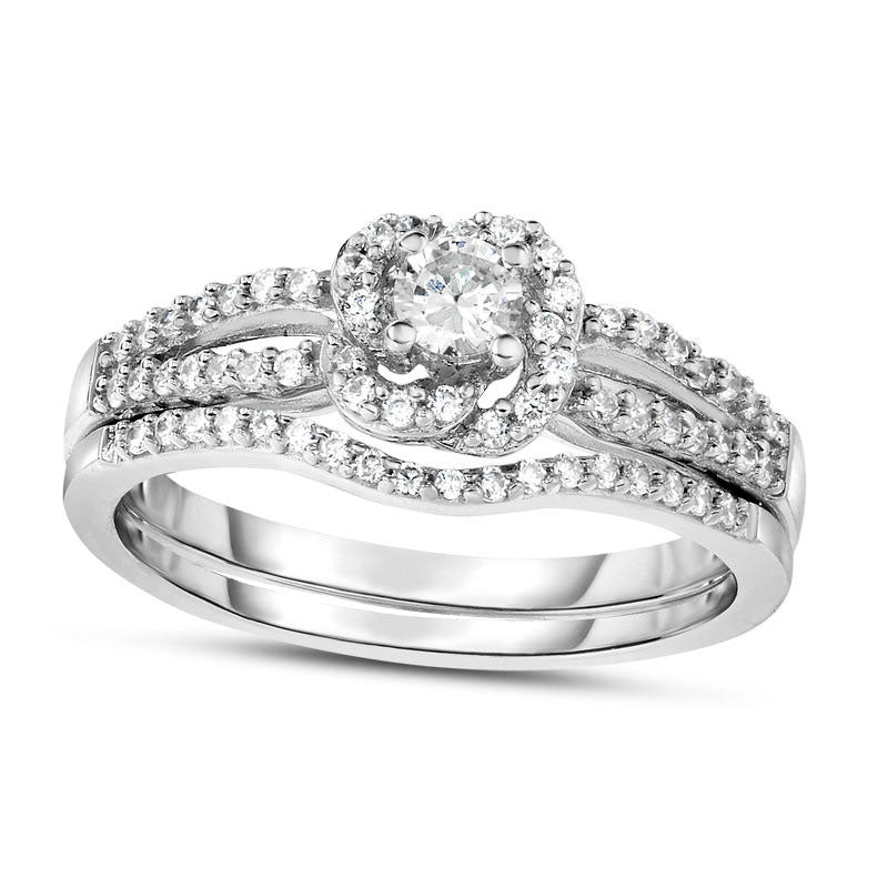 0.50 CT. T.W. Natural Diamond Flower Split Shank Bridal Engagement Ring Set in Solid 14K White Gold