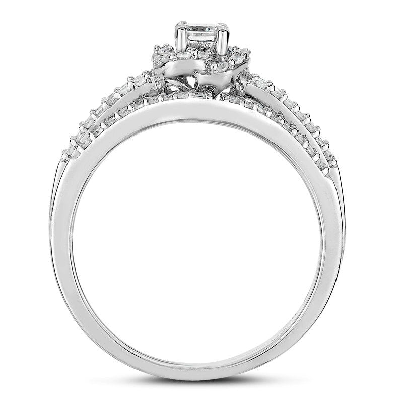 0.50 CT. T.W. Natural Diamond Flower Split Shank Bridal Engagement Ring Set in Solid 14K White Gold