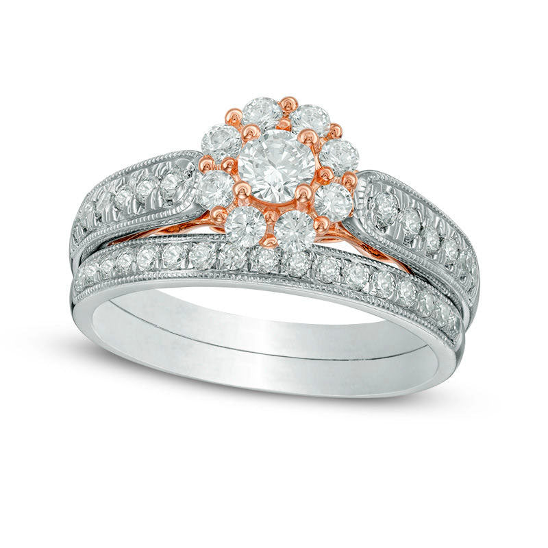 1.0 CT. T.W. Natural Diamond Flower Frame Bridal Engagement Ring Set in Solid 10K Two-Tone Gold