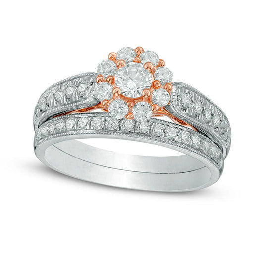 1.0 CT. T.W. Natural Diamond Flower Frame Bridal Engagement Ring Set in Solid 10K Two-Tone Gold