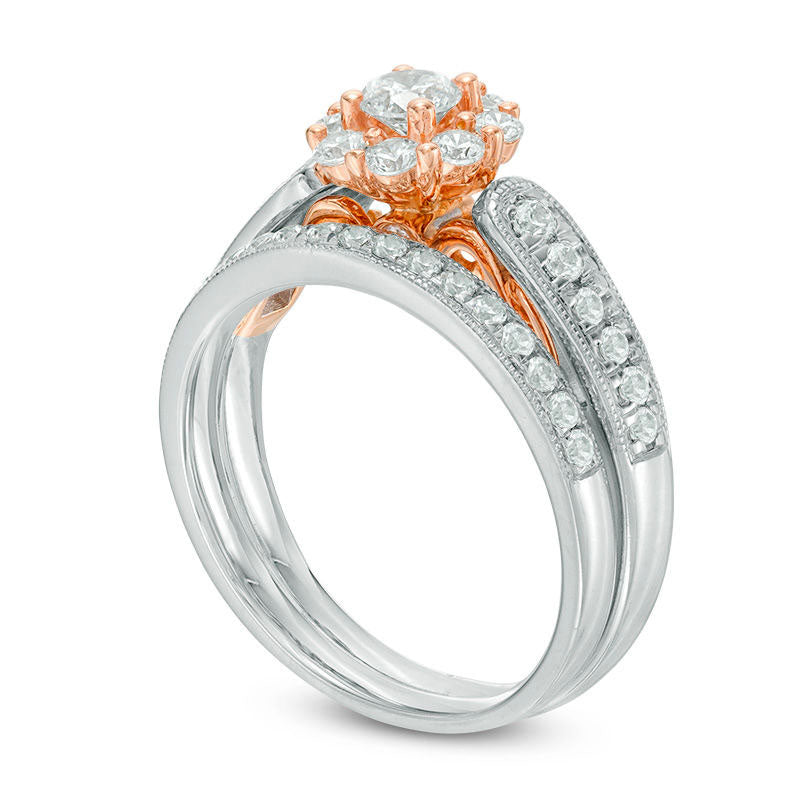 1.0 CT. T.W. Natural Diamond Flower Frame Bridal Engagement Ring Set in Solid 10K Two-Tone Gold